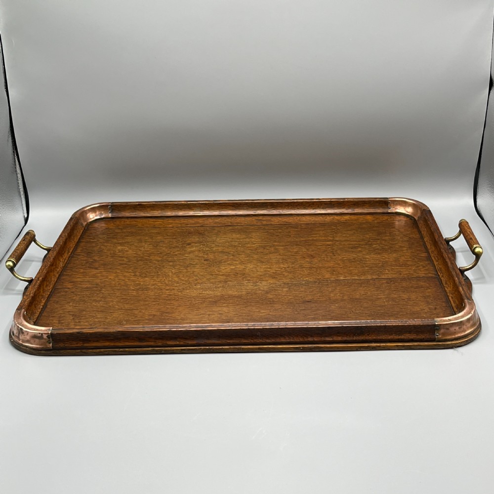 Large Arts & Crafts Oak & Copper Gallery Serving Tray View III