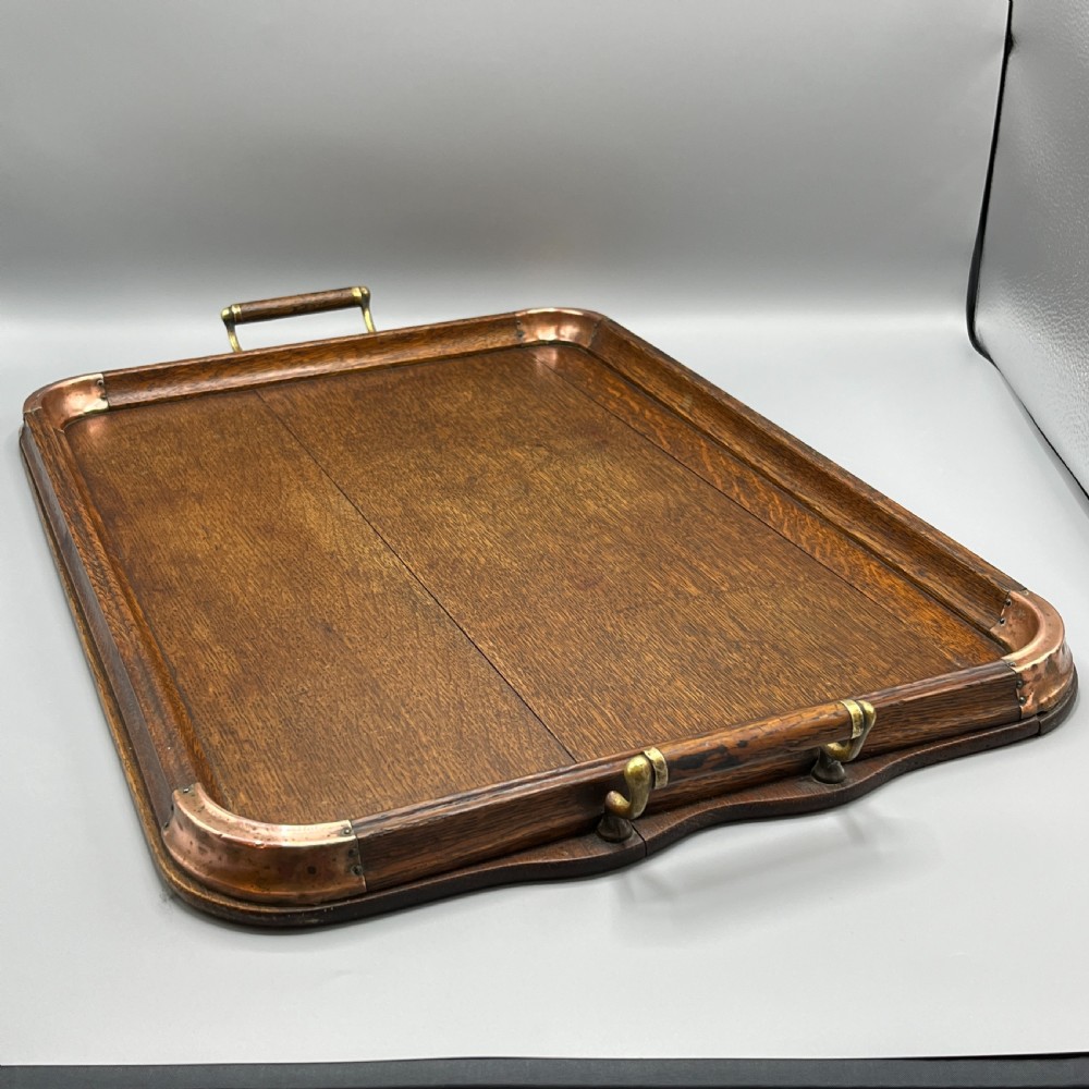 Large Arts & Crafts Oak & Copper Gallery Serving Tray View IV