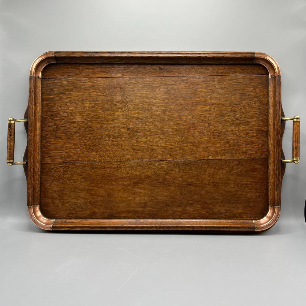 Large Arts & Crafts Oak & Copper Gallery Serving Tray View V