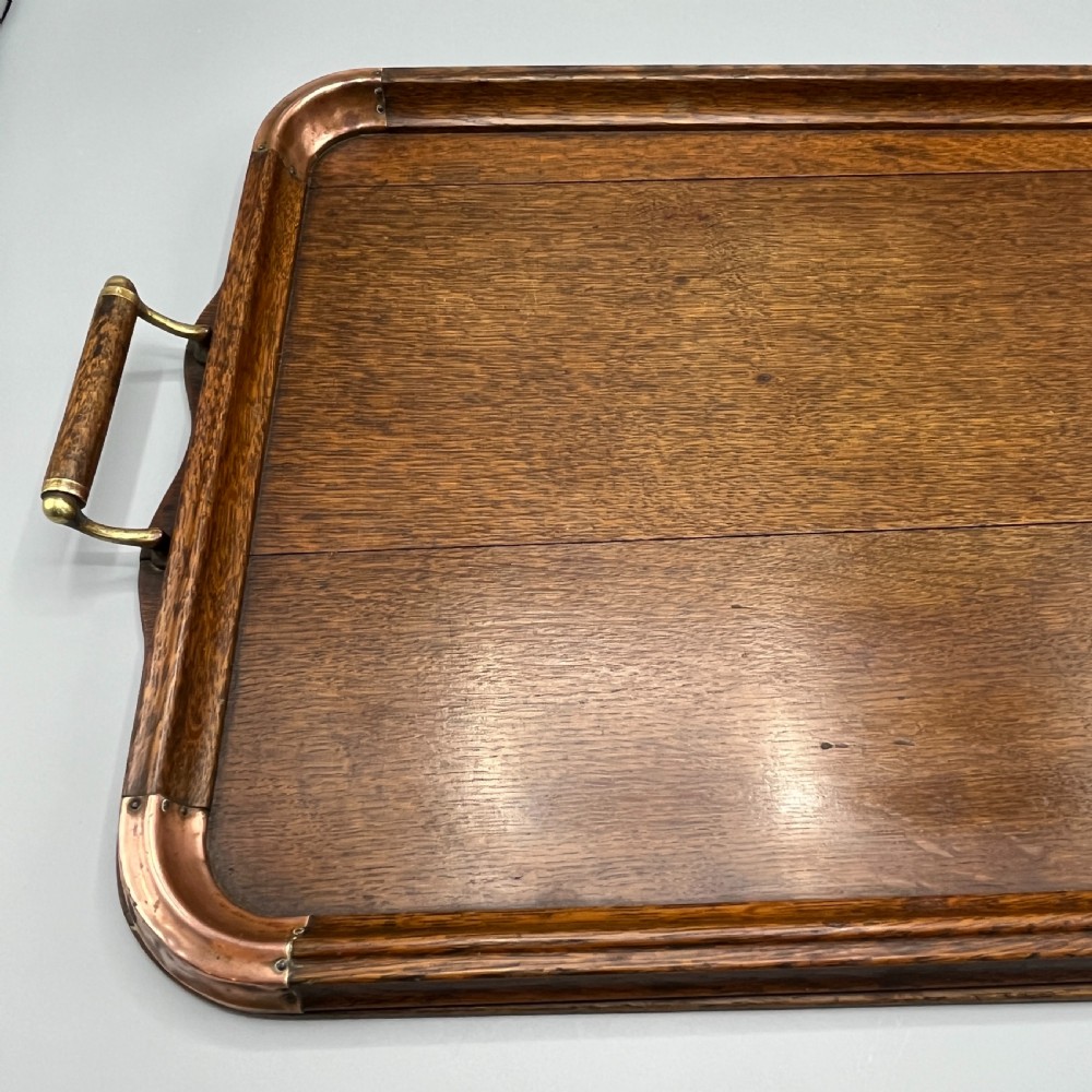 Large Arts & Crafts Oak & Copper Gallery Serving Tray View VIII