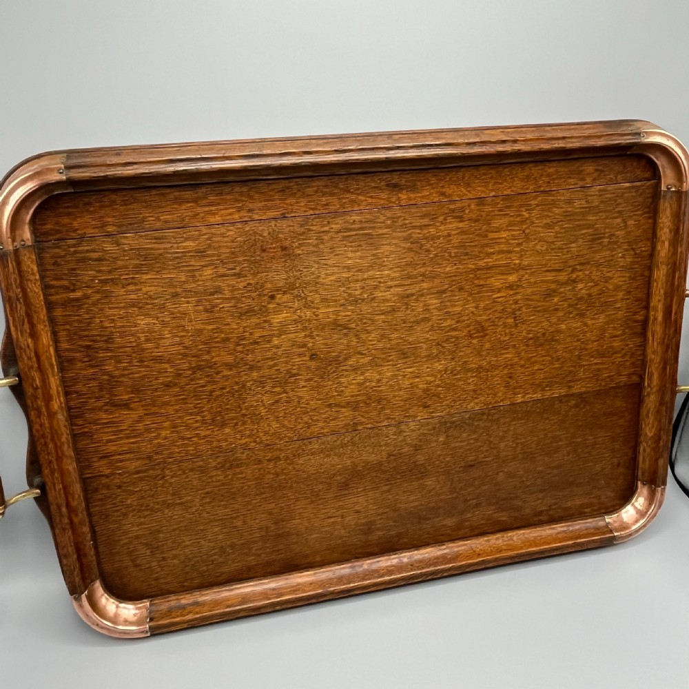 Large Arts & Crafts Oak & Copper Gallery Serving Tray View IX