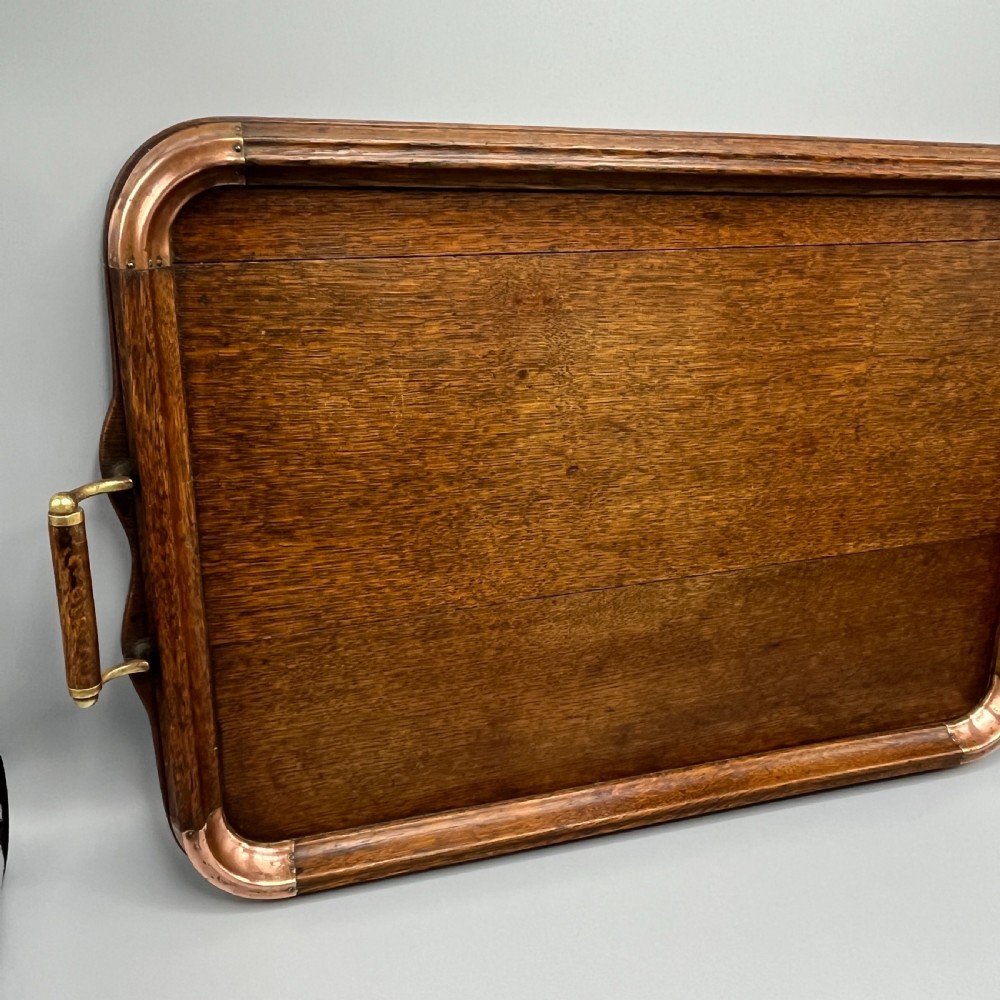 Large Arts & Crafts Oak & Copper Gallery Serving Tray View X