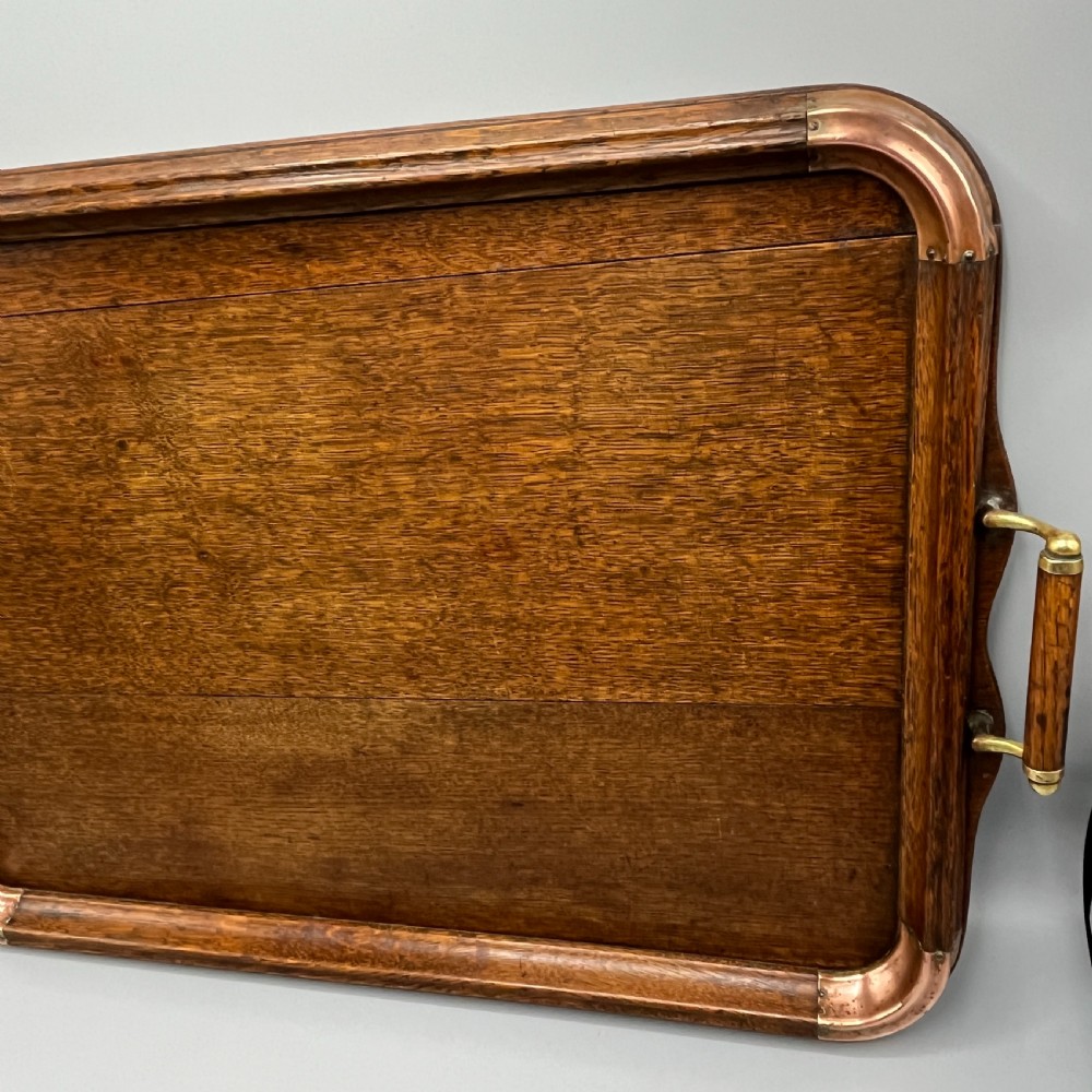 Large Arts & Crafts Oak & Copper Gallery Serving Tray View XI