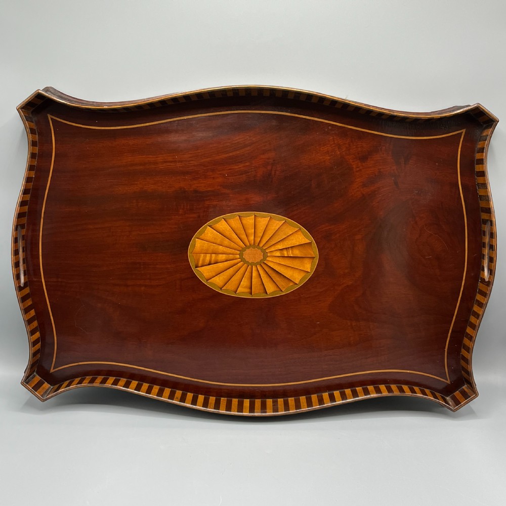 Edwardian Mahogany Inlaid Gallery Serving Tray View XIX