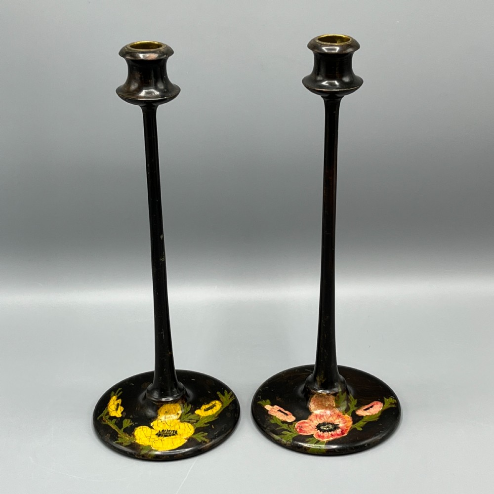 Pair Art Nouveau Tall Black Painted Candlesticks
