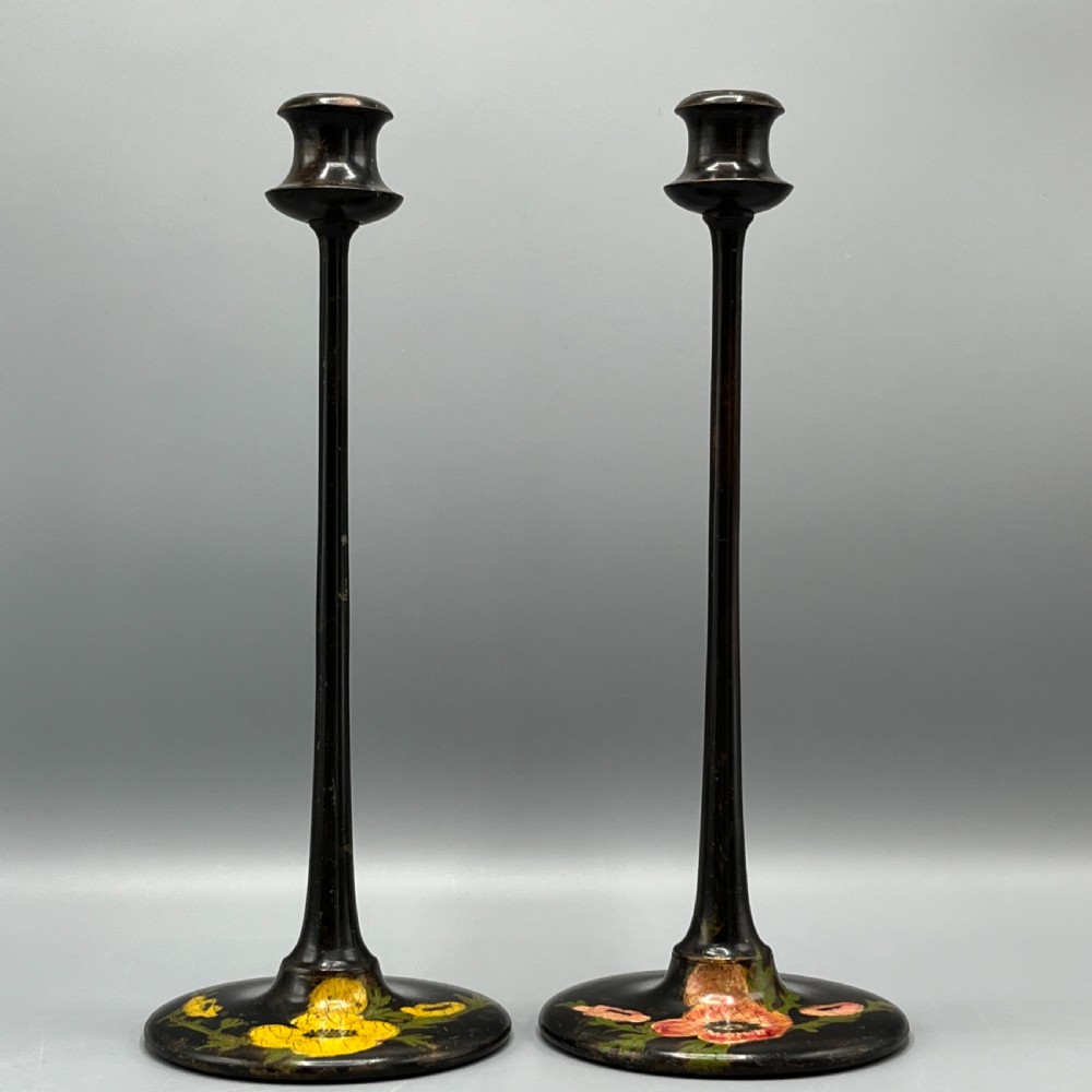 Pair Art Nouveau Tall Black Painted Candlesticks View II