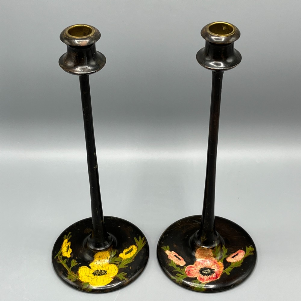 Pair Art Nouveau Tall Black Painted Candlesticks View IV