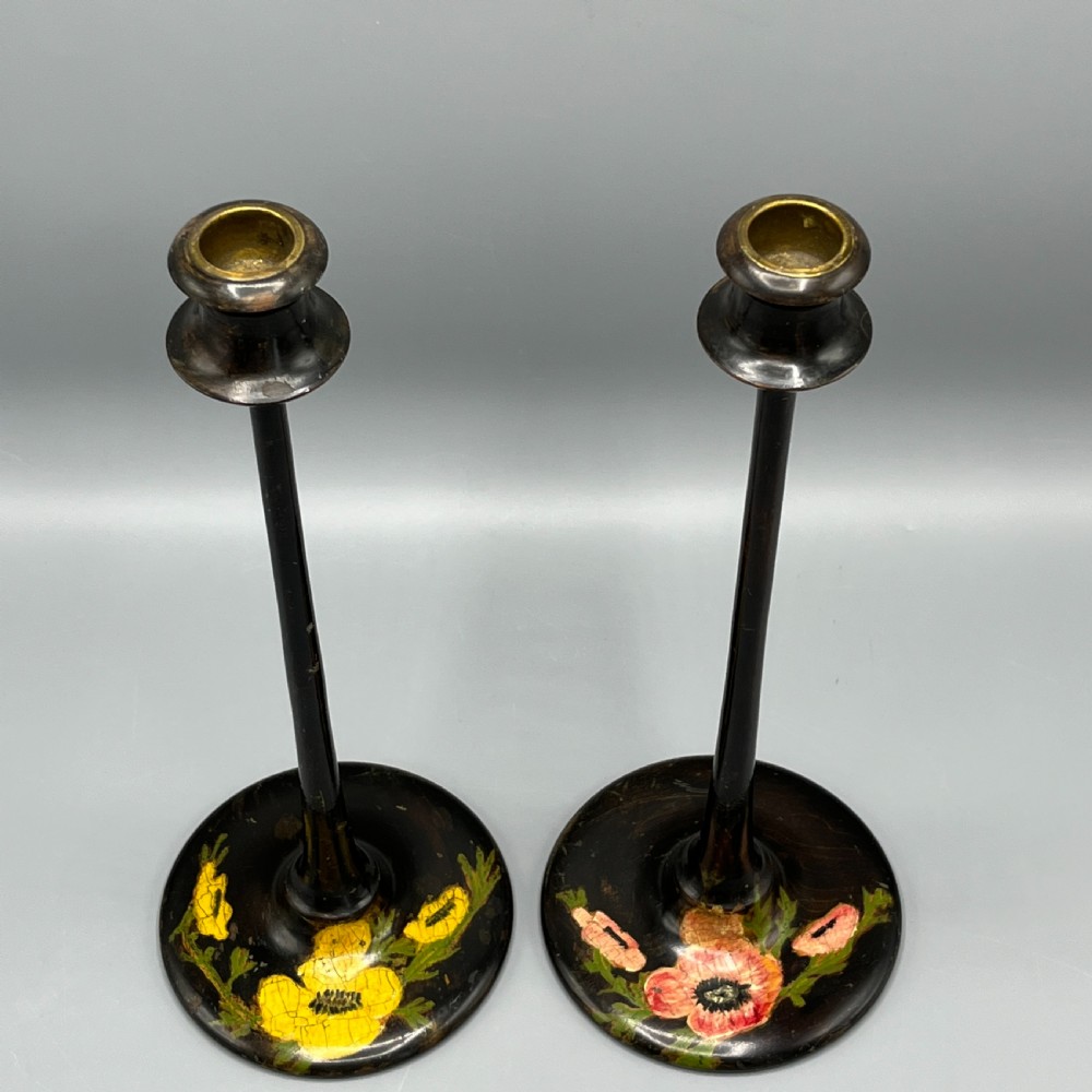 Pair Art Nouveau Tall Black Painted Candlesticks View V