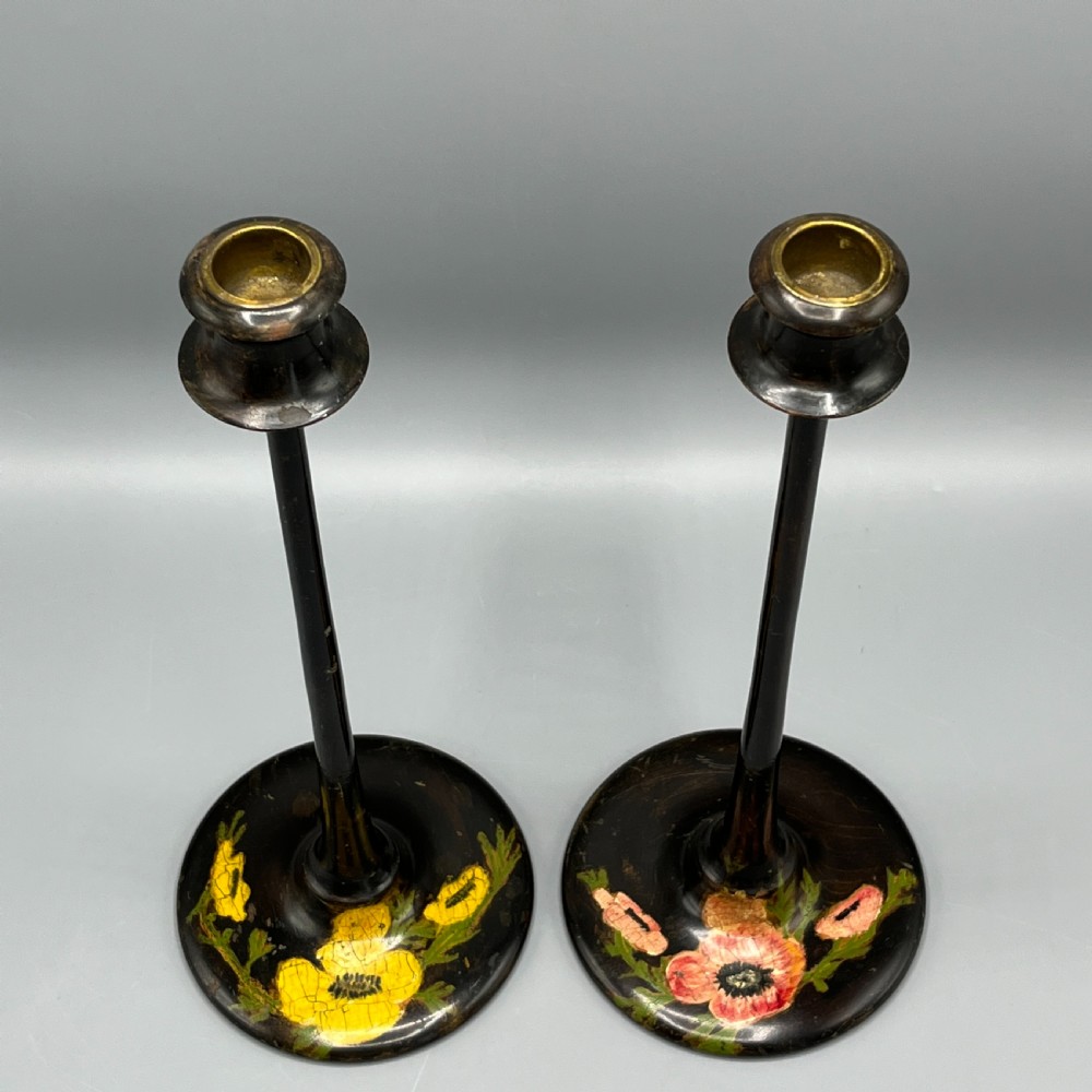 Pair Art Nouveau Tall Black Painted Candlesticks View VI