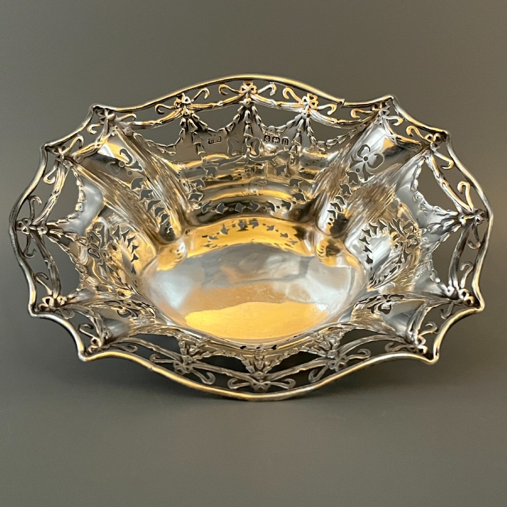 Antique Pierced Sterling Silver Trinket Dish with Ribbon Bow Swags - 1912