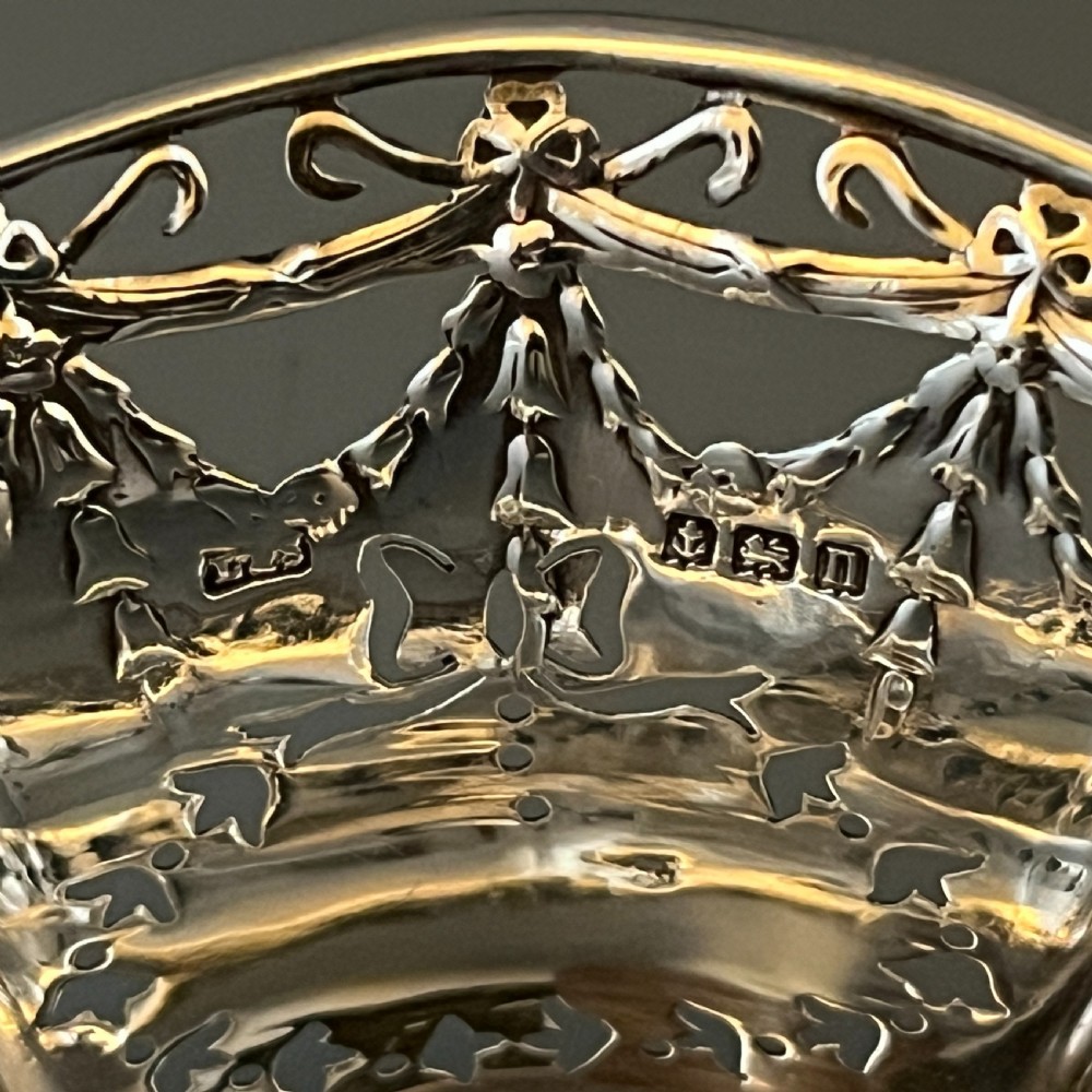 Antique Pierced Sterling Silver Trinket Dish with Ribbon Bow Swags - 1912 View II