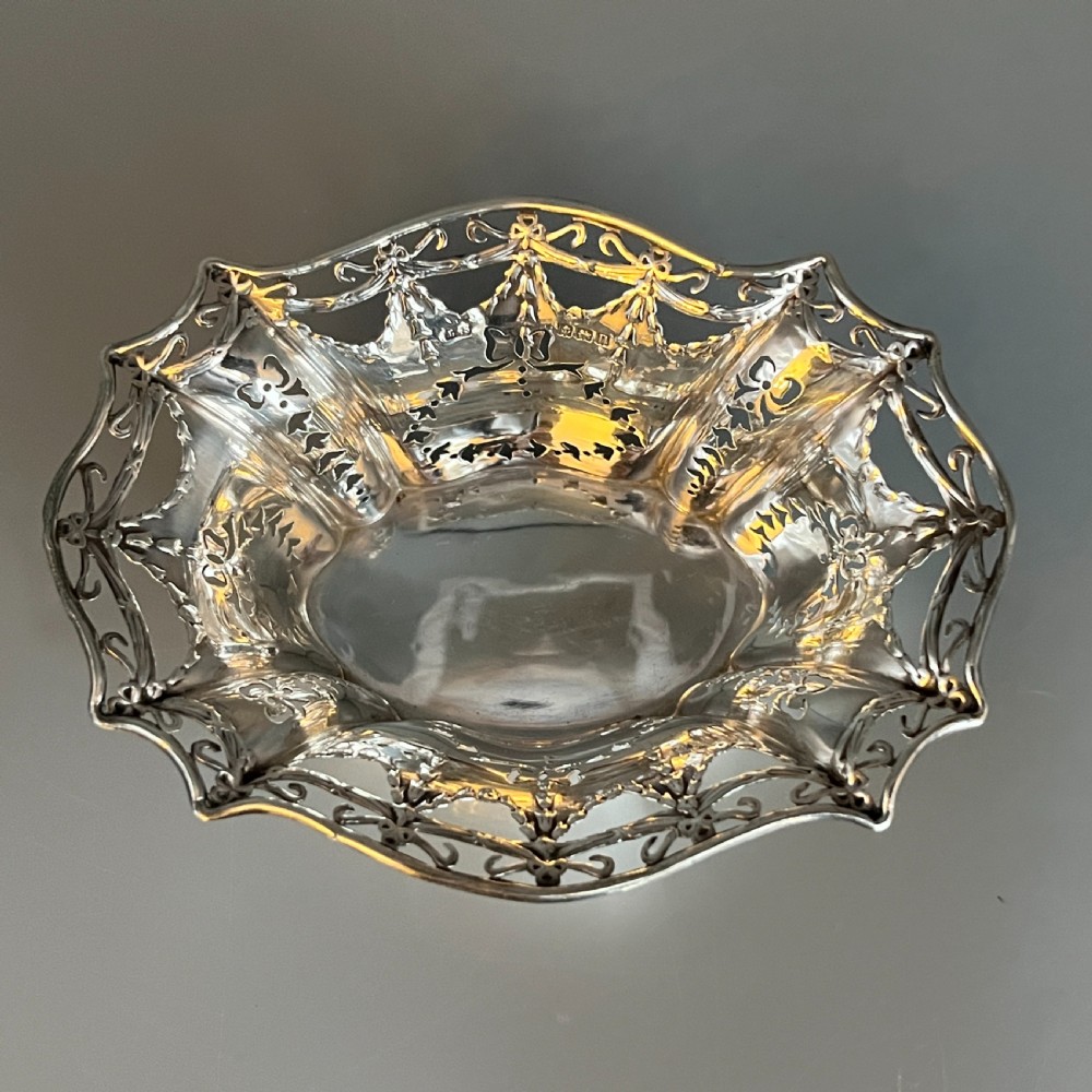 Antique Pierced Sterling Silver Trinket Dish with Ribbon Bow Swags - 1912 View V