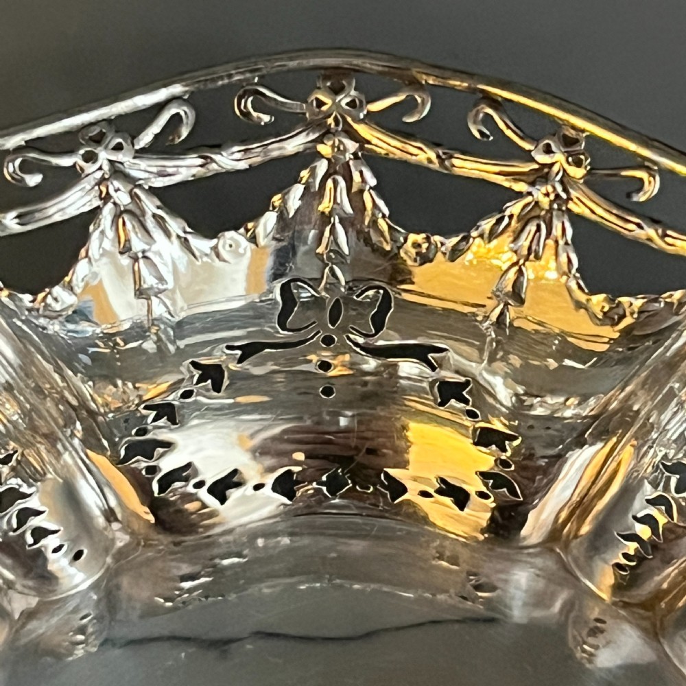 Antique Pierced Sterling Silver Trinket Dish with Ribbon Bow Swags - 1912 View X