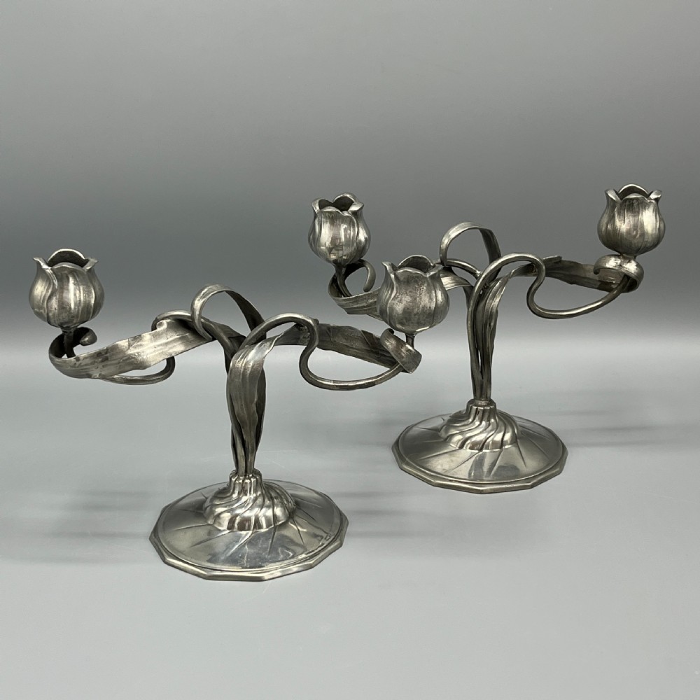 Pair Art Nouveau German Pewter Candelabras By Orivit