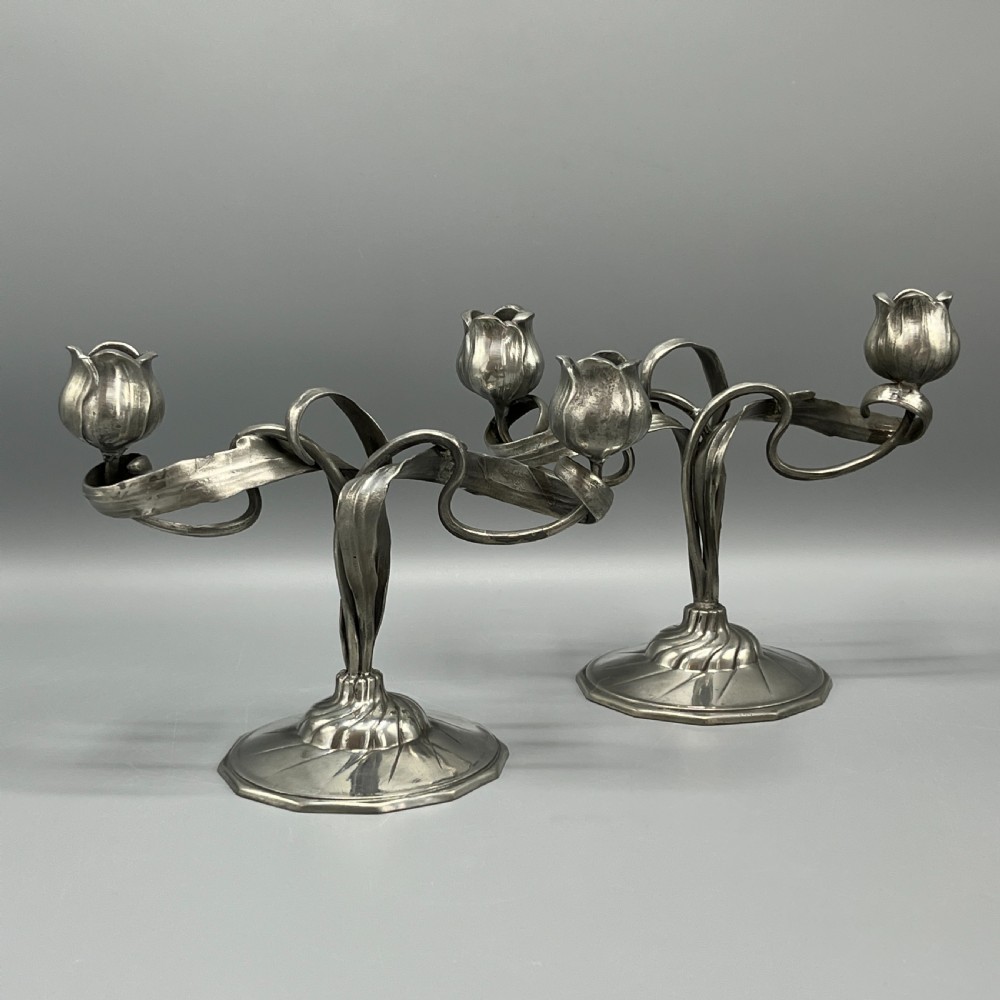 Pair Art Nouveau German Pewter Candelabras By Orivit View II