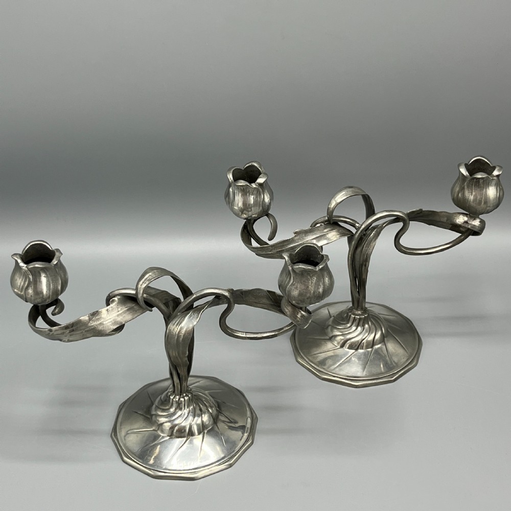 Pair Art Nouveau German Pewter Candelabras By Orivit View III