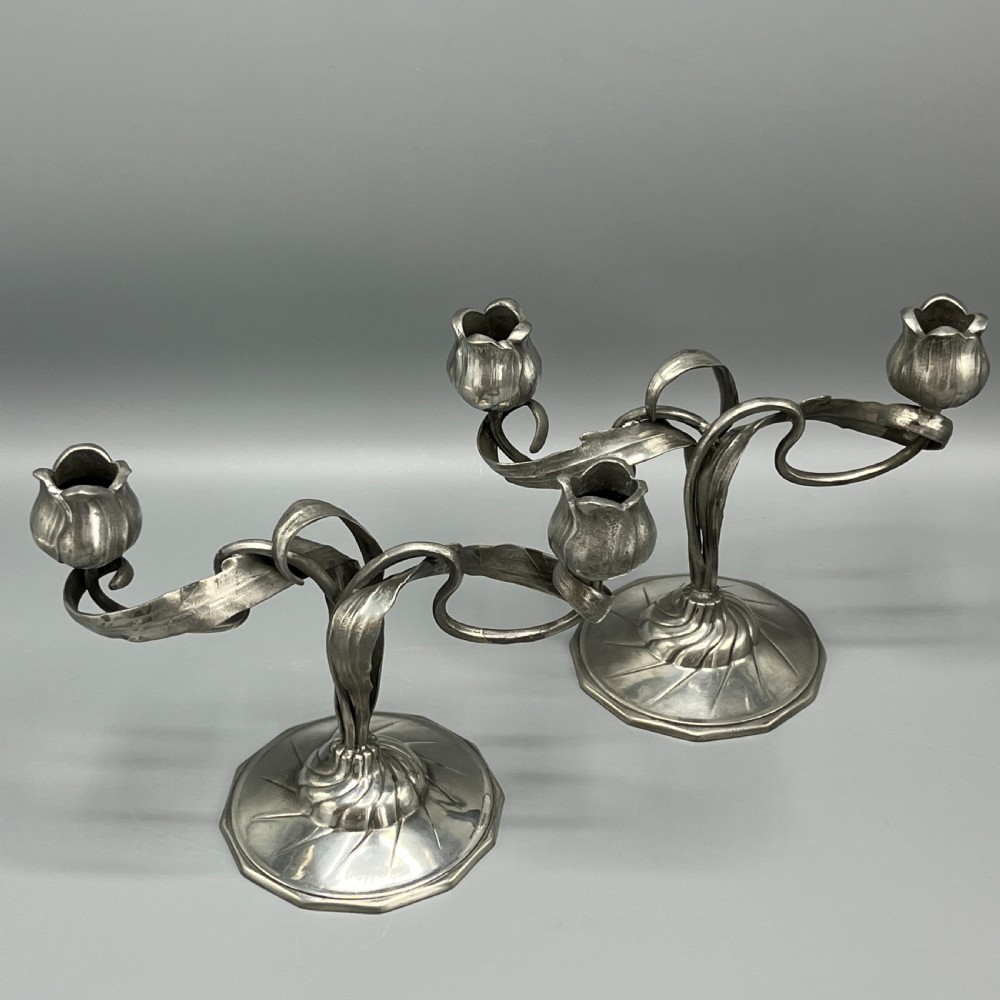 Pair Art Nouveau German Pewter Candelabras By Orivit View IV