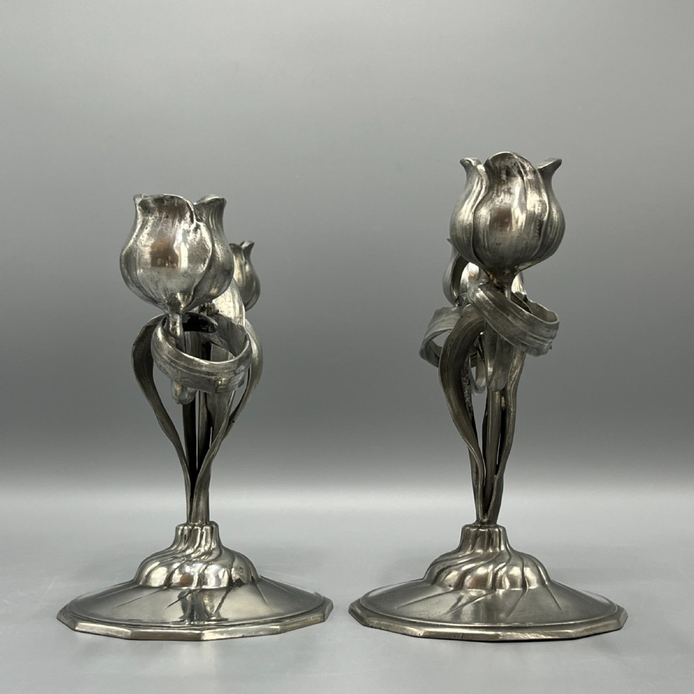 Pair Art Nouveau German Pewter Candelabras By Orivit View IX