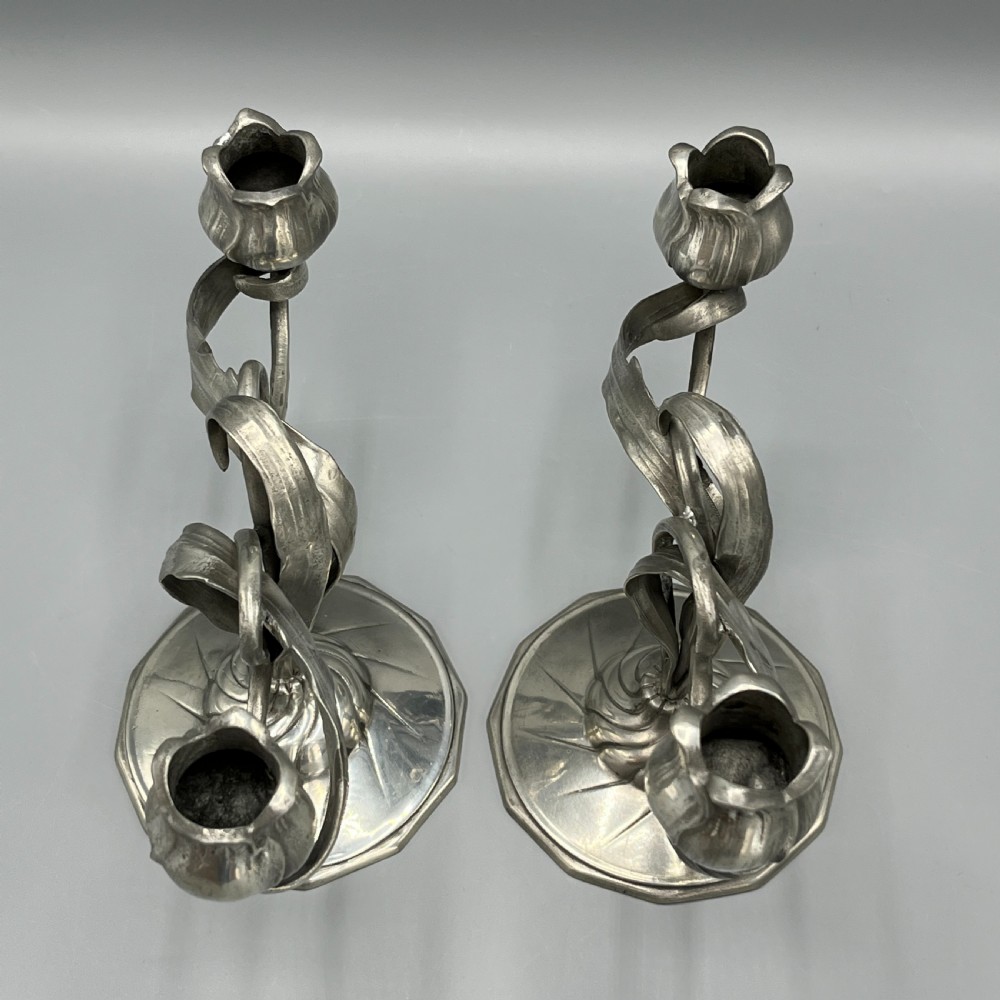Pair Art Nouveau German Pewter Candelabras By Orivit View X