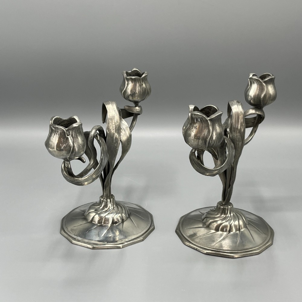 Pair Art Nouveau German Pewter Candelabras By Orivit View XI