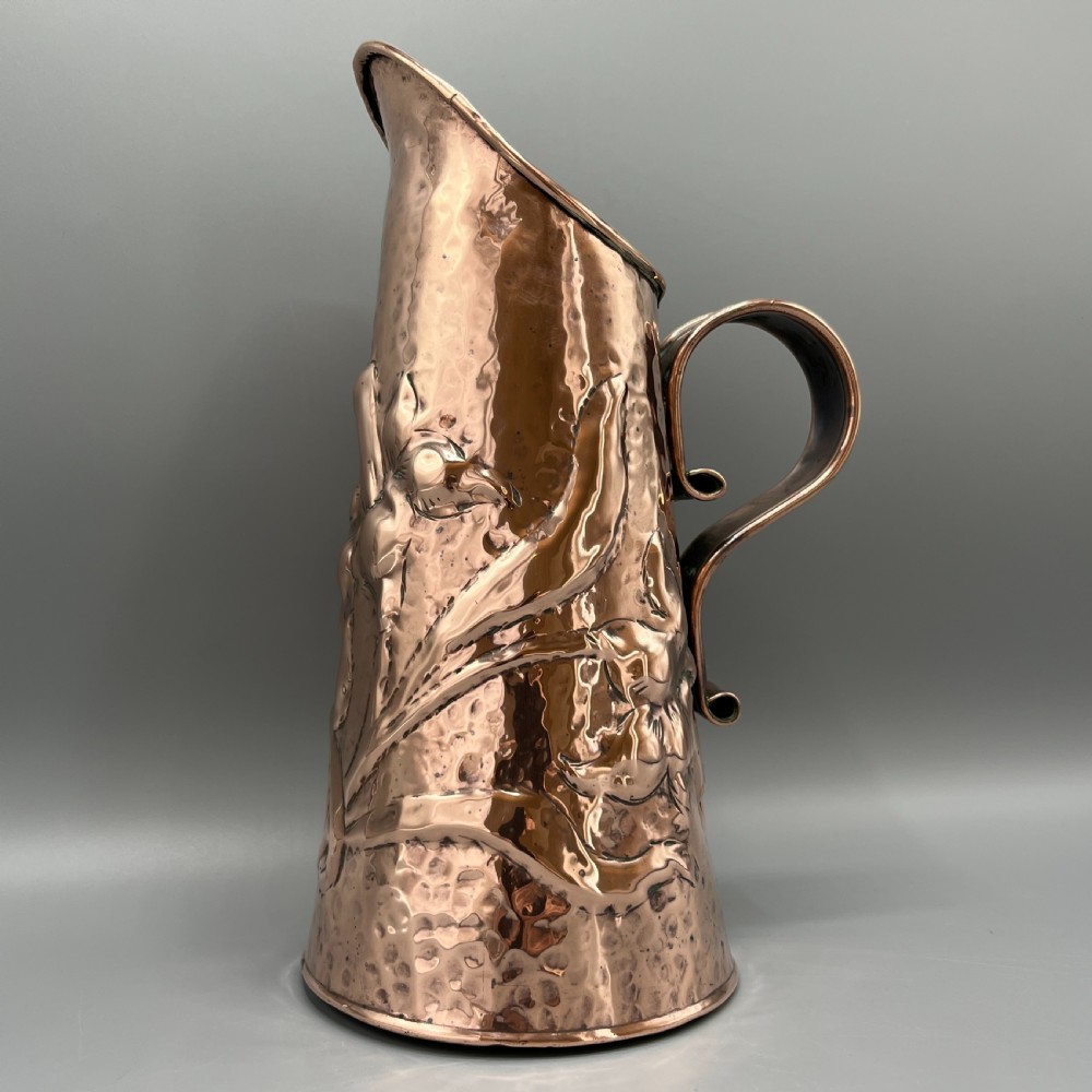 Arts & Crafts Embossed Copper Daffodil Jug