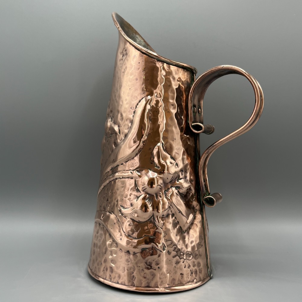 Arts & Crafts Embossed Copper Daffodil Jug View III