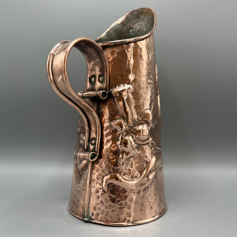 Arts & Crafts Embossed Copper Daffodil Jug View V