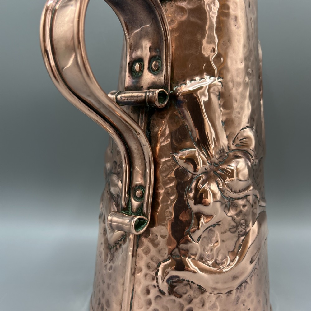 Arts & Crafts Embossed Copper Daffodil Jug View VI