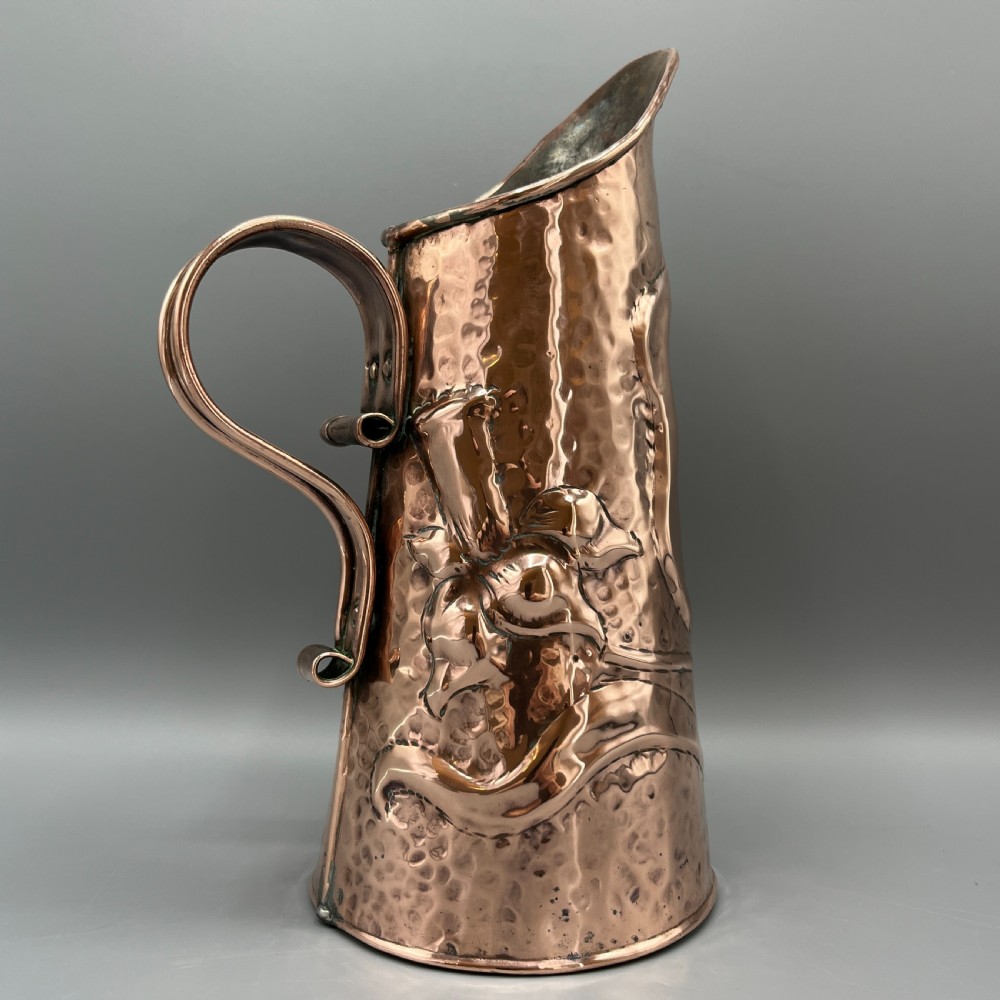 Arts & Crafts Embossed Copper Daffodil Jug View VII