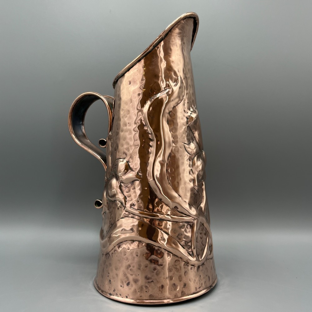 Arts & Crafts Embossed Copper Daffodil Jug View VIII