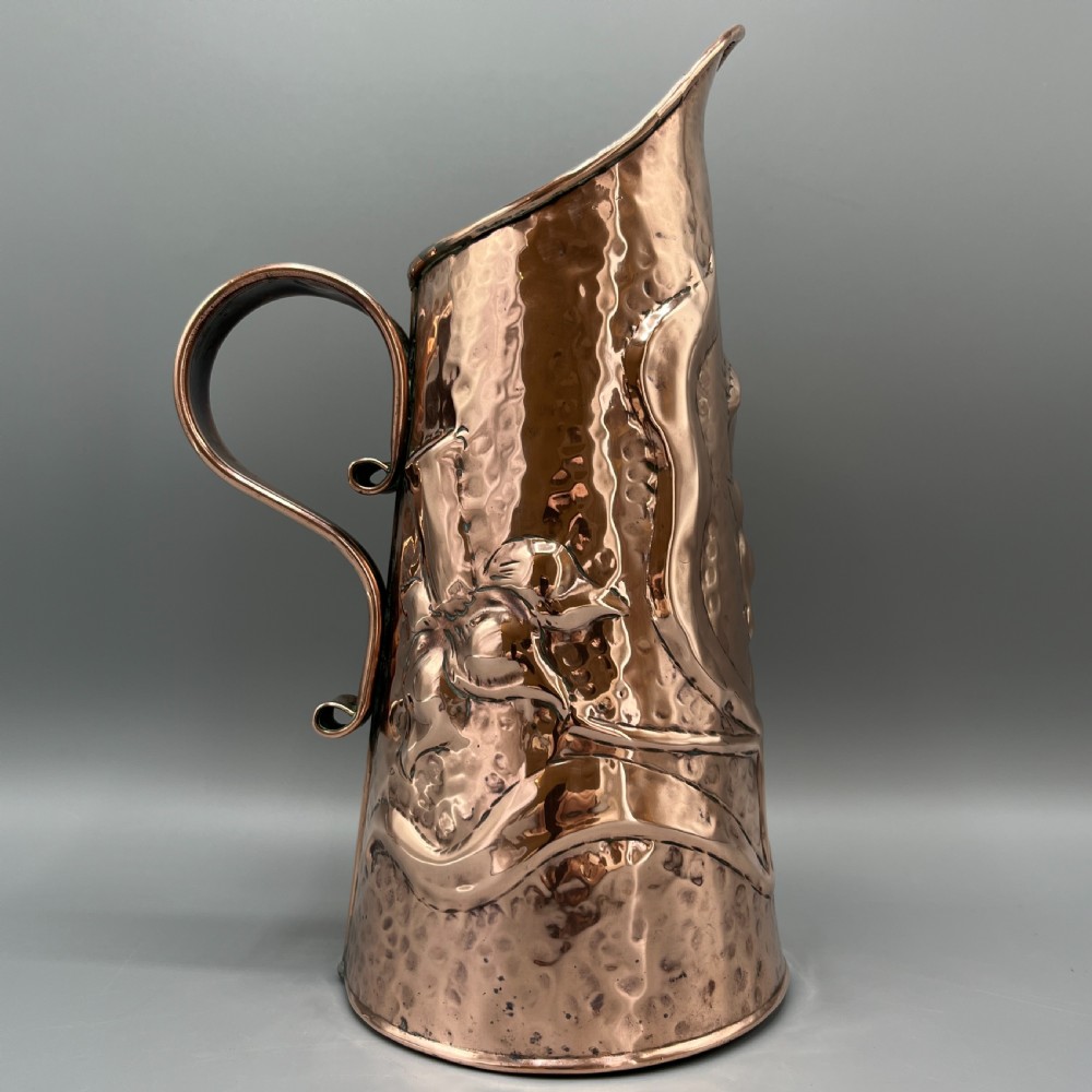 Arts & Crafts Embossed Copper Daffodil Jug View IX