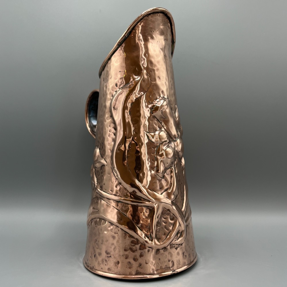 Arts & Crafts Embossed Copper Daffodil Jug View X