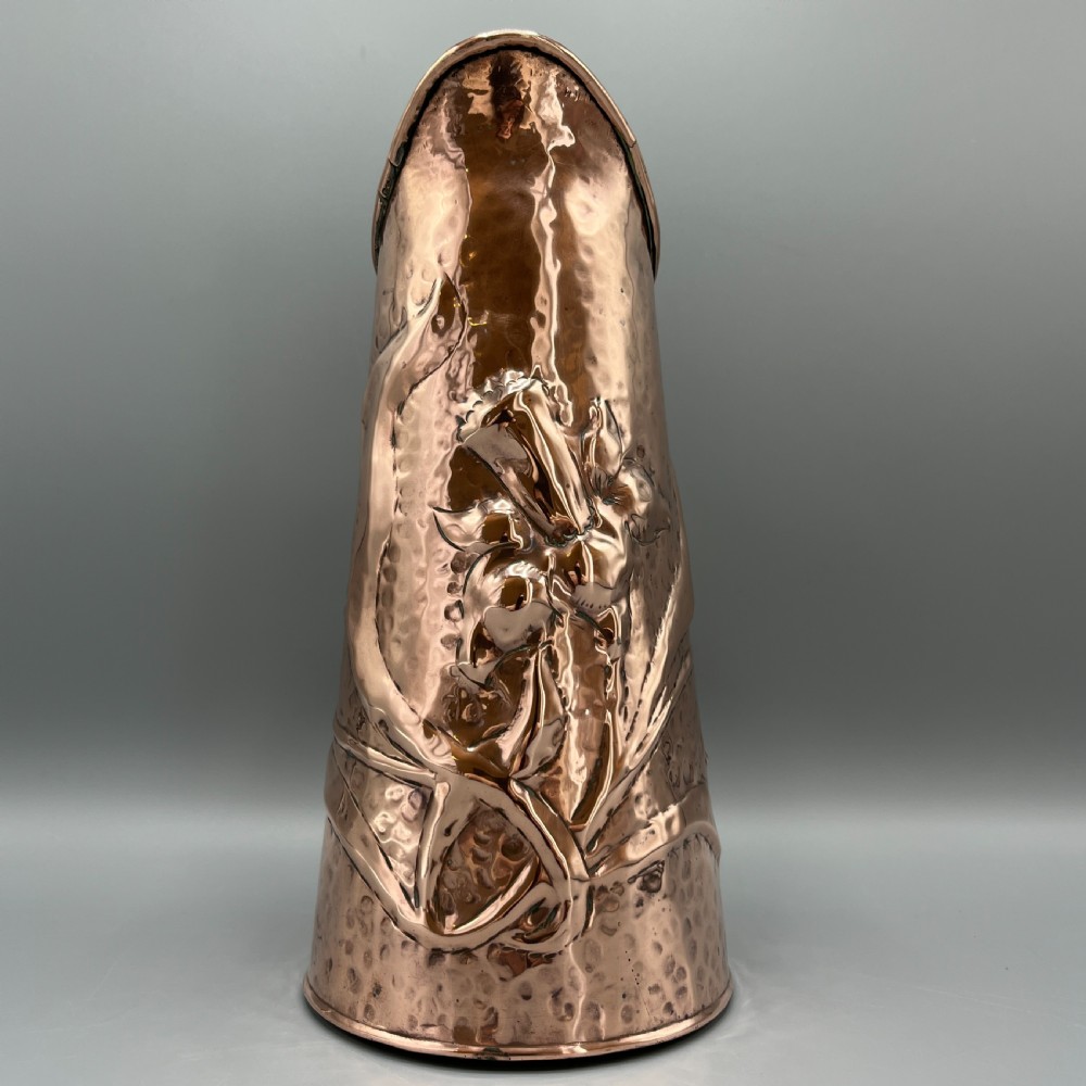 Arts & Crafts Embossed Copper Daffodil Jug View XI