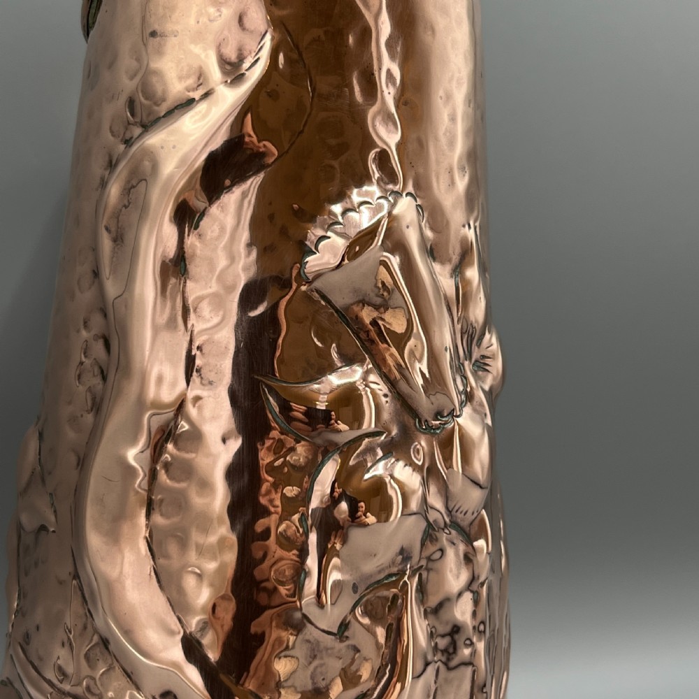 Arts & Crafts Embossed Copper Daffodil Jug View XII