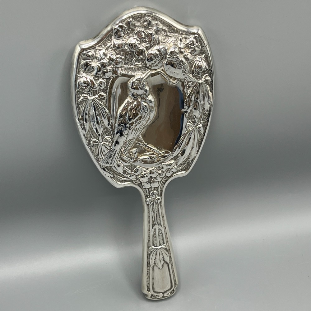 Art Nouveau Sterling Silver Hand Mirror with Embossed Birds