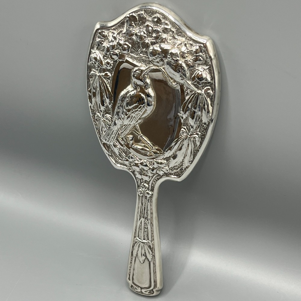 Art Nouveau Sterling Silver Hand Mirror with Embossed Birds View II