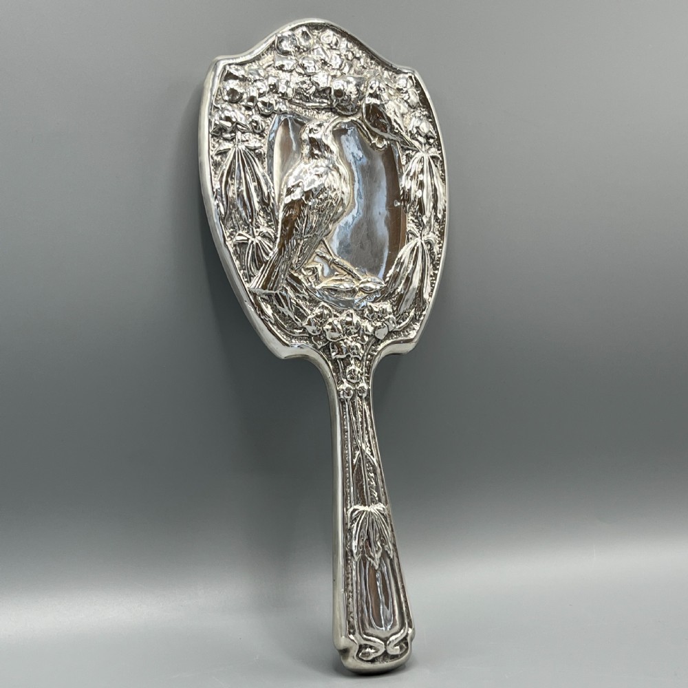 Art Nouveau Sterling Silver Hand Mirror with Embossed Birds View III
