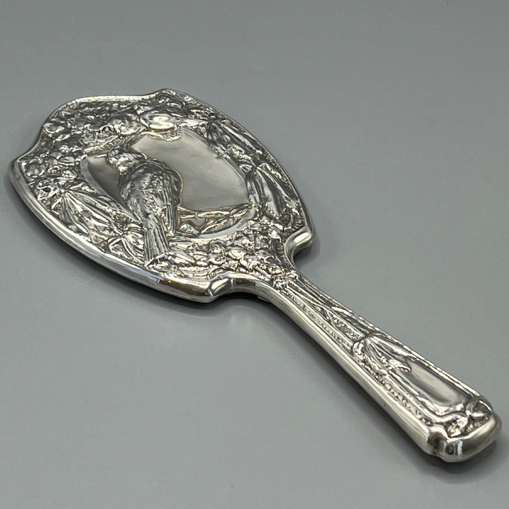 Art Nouveau Sterling Silver Hand Mirror with Embossed Birds View V