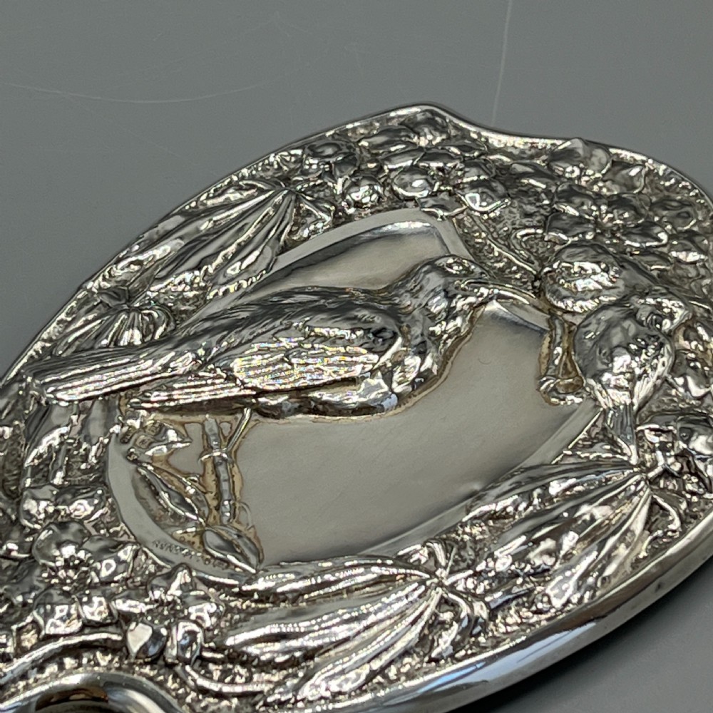 Art Nouveau Sterling Silver Hand Mirror with Embossed Birds View VI