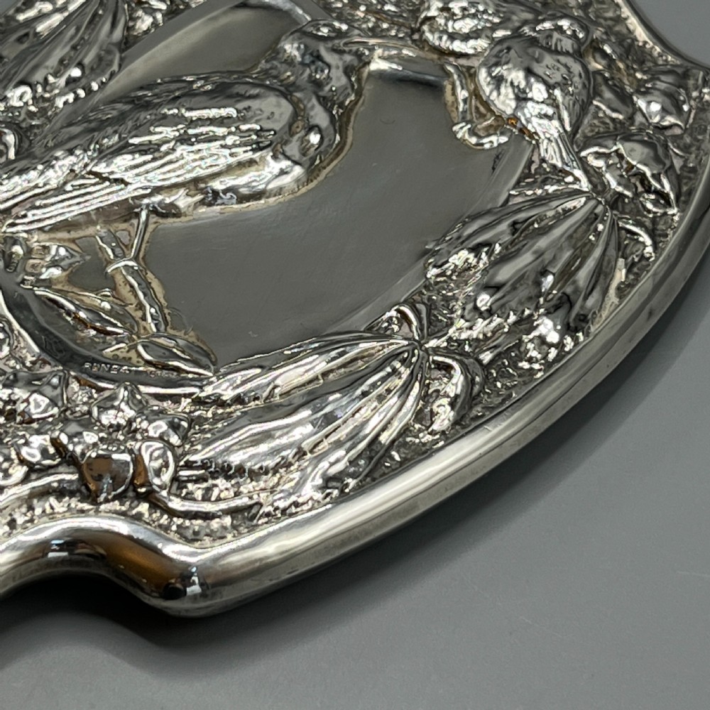 Art Nouveau Sterling Silver Hand Mirror with Embossed Birds View X