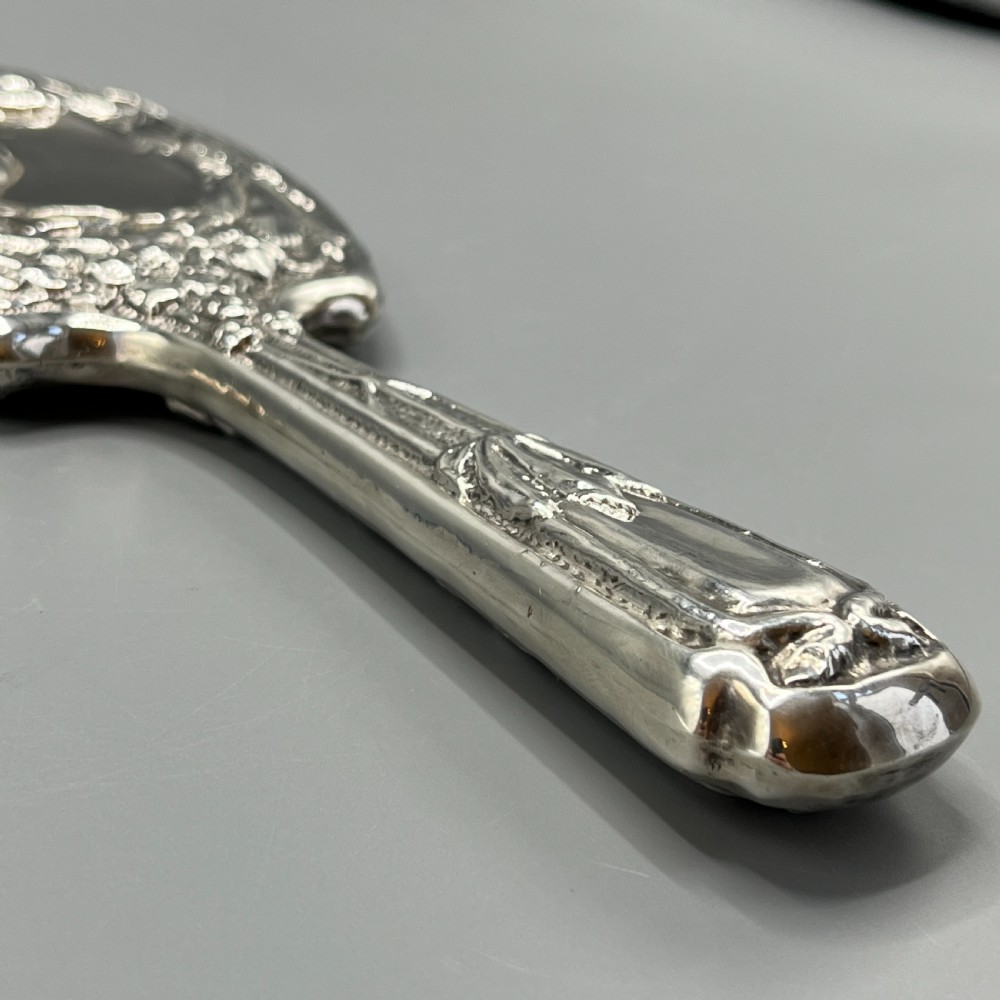 Art Nouveau Sterling Silver Hand Mirror with Embossed Birds View XIII