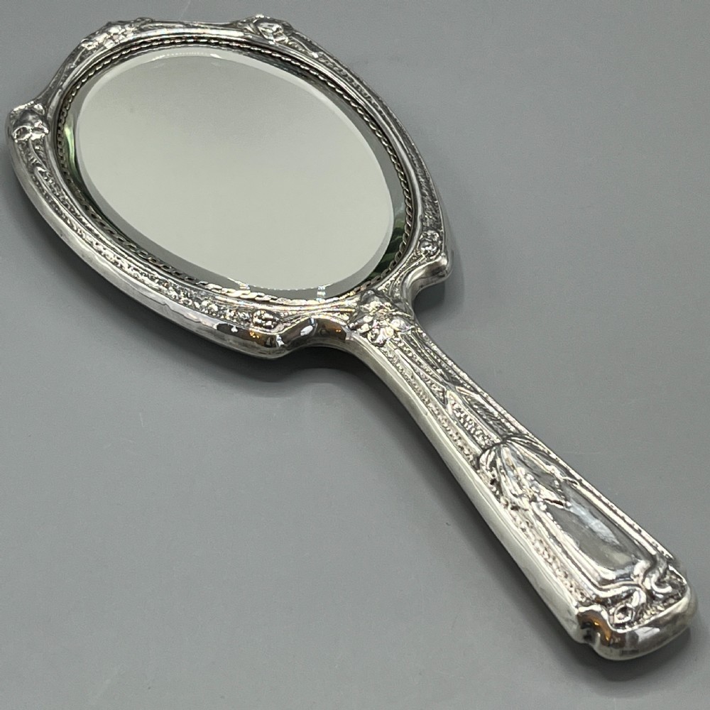 Art Nouveau Sterling Silver Hand Mirror with Embossed Birds View XVI