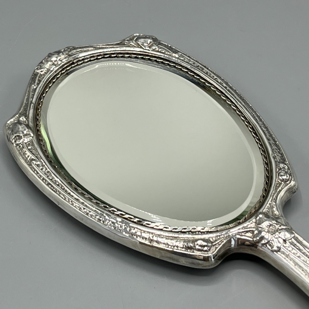 Art Nouveau Sterling Silver Hand Mirror with Embossed Birds View XVIII