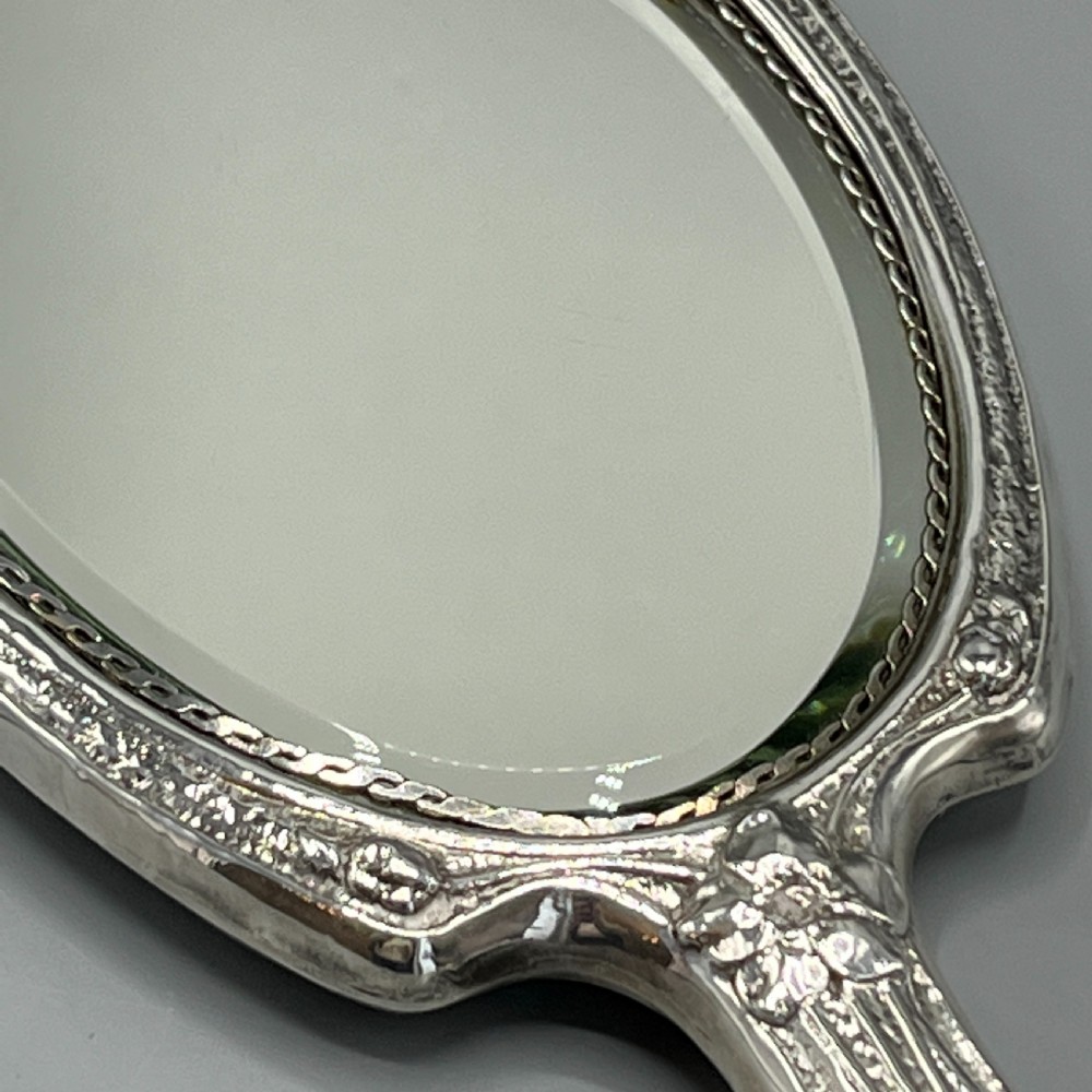 Art Nouveau Sterling Silver Hand Mirror with Embossed Birds View XIX