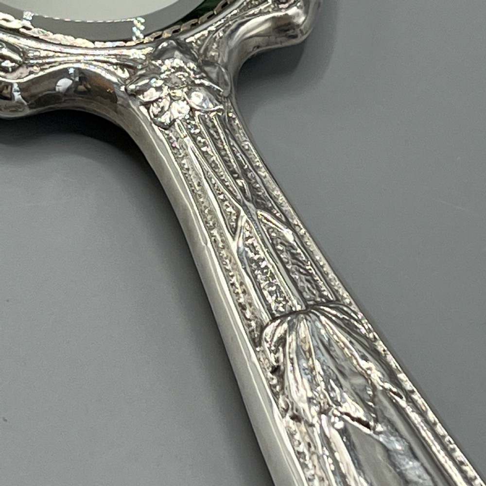 Art Nouveau Sterling Silver Hand Mirror with Embossed Birds View XX