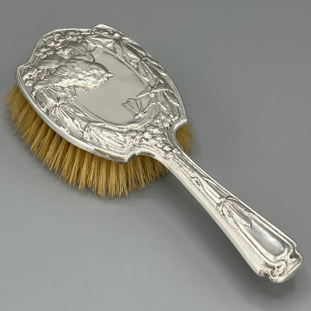 Art Nouveau Sterling Silver Hair Brush with Embossed Bird View III