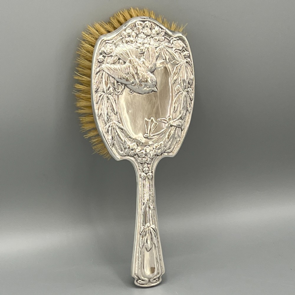 Art Nouveau Sterling Silver Hair Brush with Embossed Bird View V