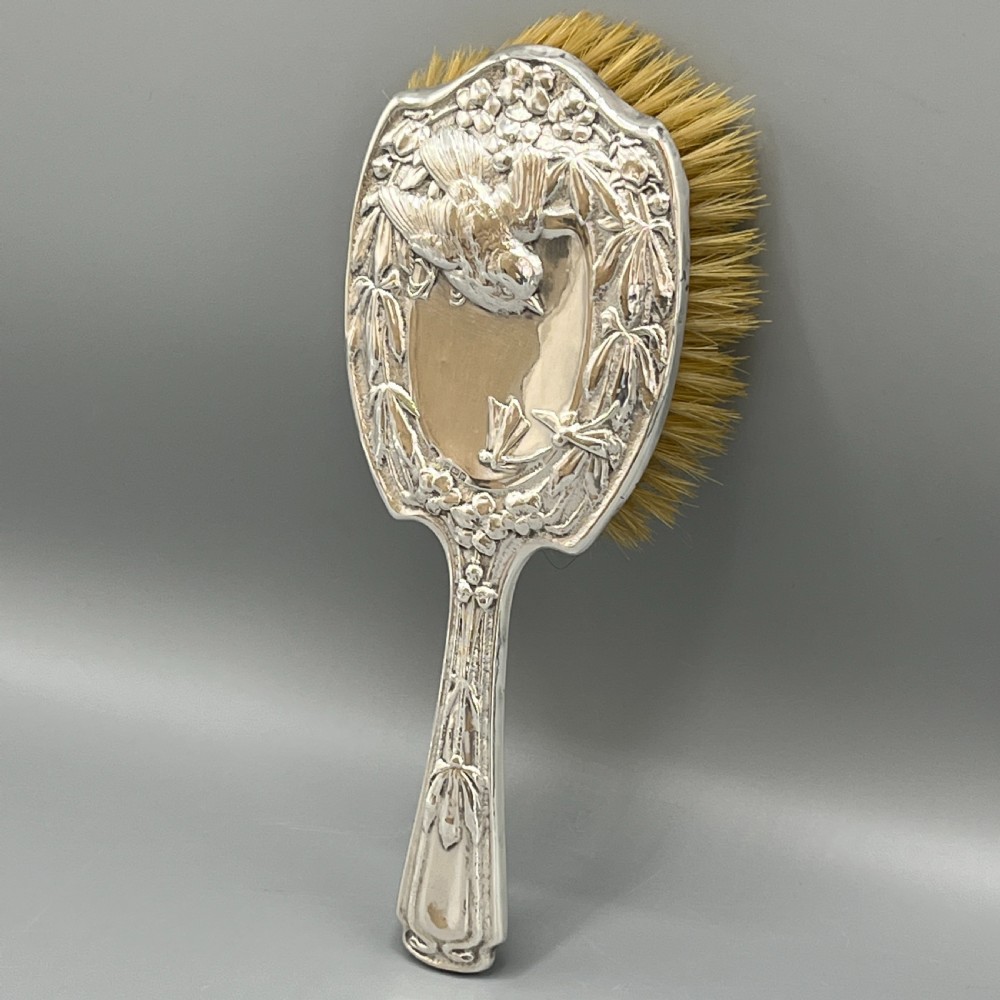 Art Nouveau Sterling Silver Hair Brush with Embossed Bird View VI