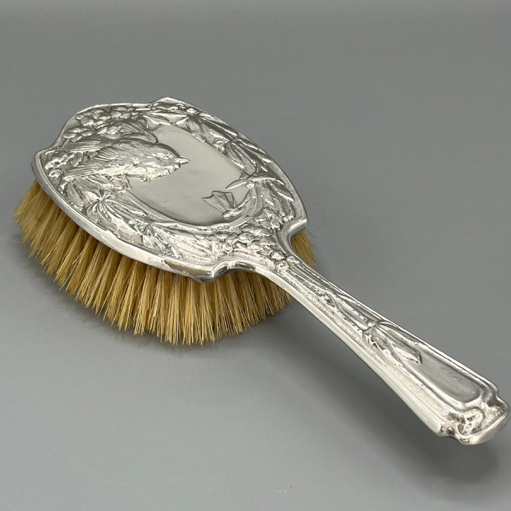 Art Nouveau Sterling Silver Hair Brush with Embossed Bird View VII