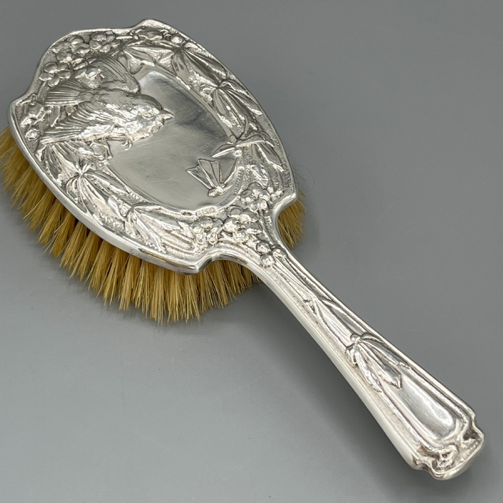 Art Nouveau Sterling Silver Hair Brush with Embossed Bird View VIII